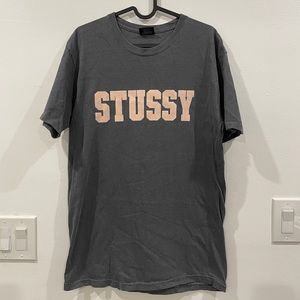Washed grey Stussy shirt with pink velvet logo